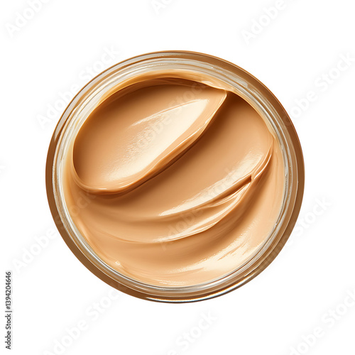 A top-down view of an open round jar containing a smooth, swirled creamy cosmetic product, isolated on a black background in a clean minimal composition