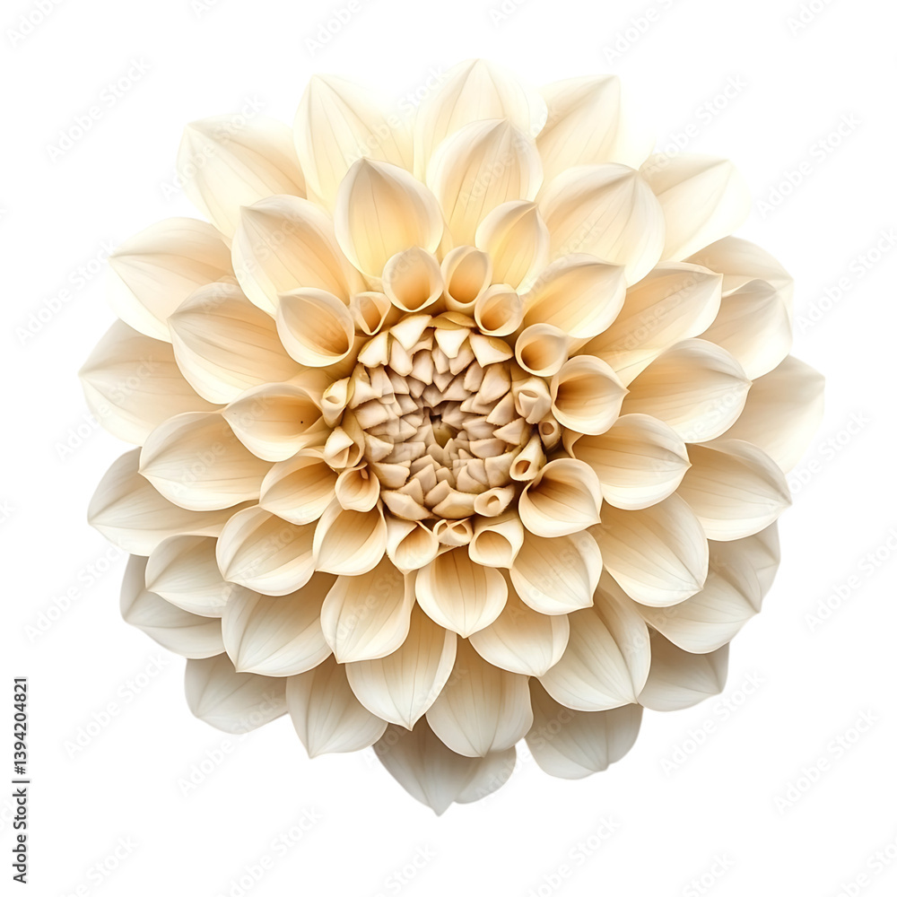 A top-view macro image of a blooming dahlia flower with creamy white layered petals spiraling outward, detailed and centered against a black background