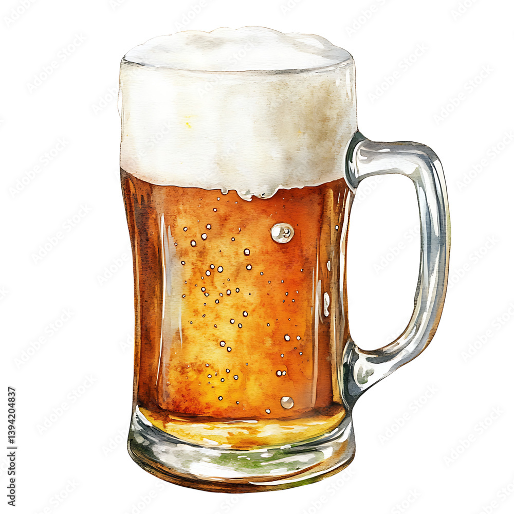 A watercolor painting of a tall glass of beer filled with golden liquid and a thick foamy head, isolated on black with scattered droplets and textured shading