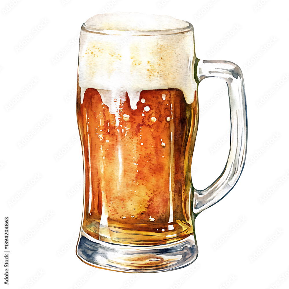 A watercolor painting of a tall glass of beer filled with golden liquid and a thick foamy head, isolated on black with scattered droplets and textured shading