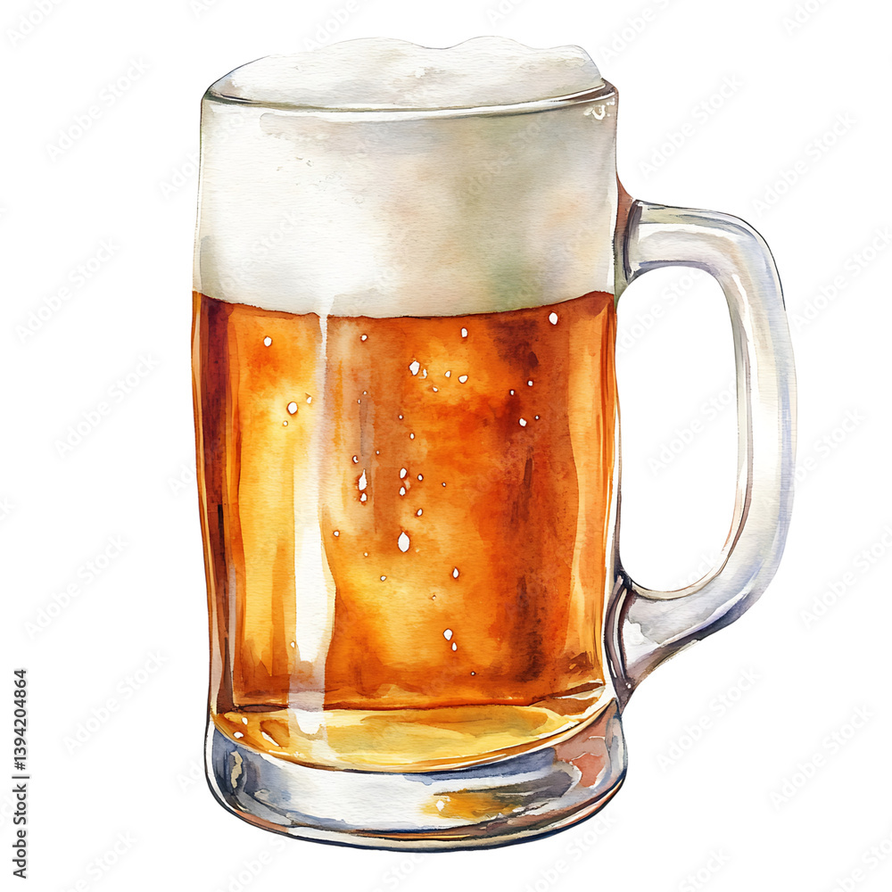 A watercolor painting of a tall glass of beer filled with golden liquid and a thick foamy head, isolated on black with scattered droplets and textured shading