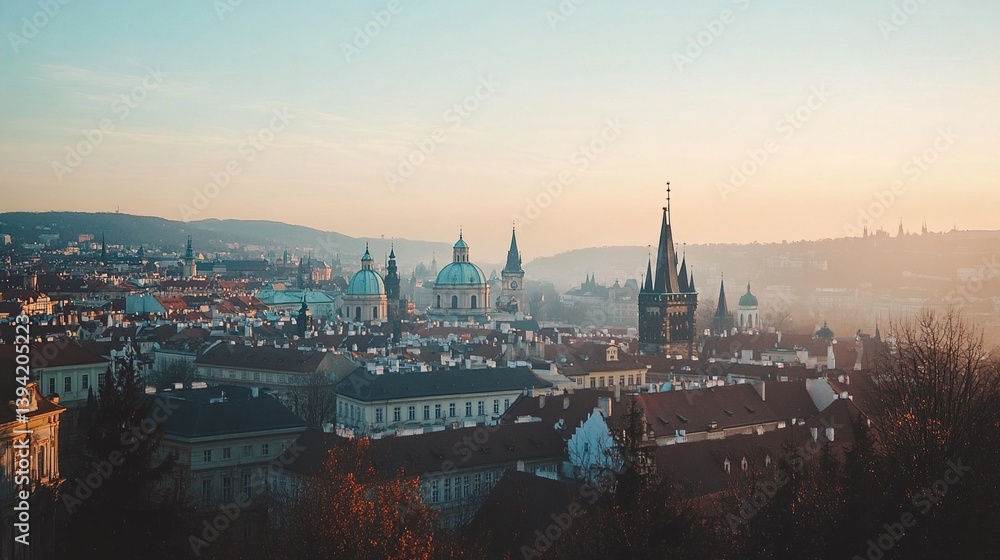 Fototapeta premium A historic city skyline under soft light, blending past and present in a serene urban vista.