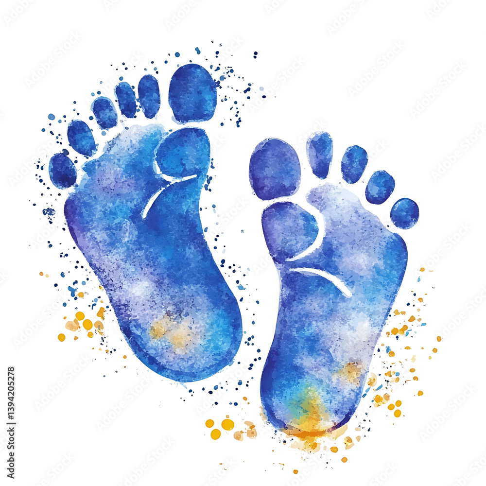 A vibrant watercolor-style painting of two barefoot footprints side by side, splattered with colorful dots and isolated on a black background for contrast