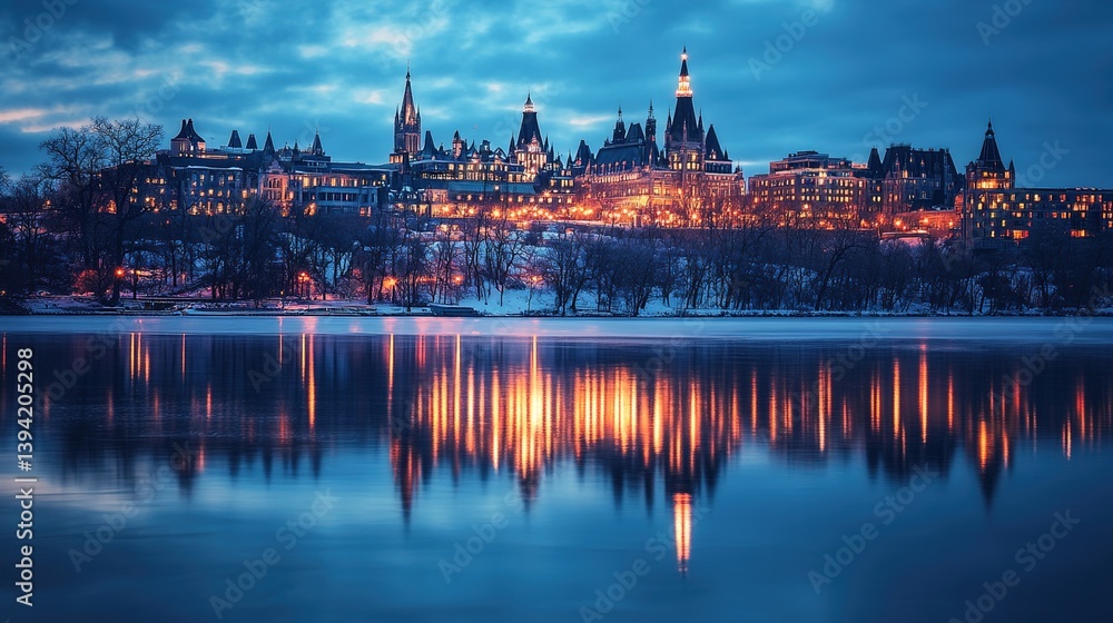 Fototapeta premium A historic city skyline under soft light, blending past and present in a serene urban vista.