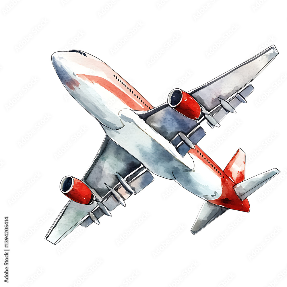 A watercolor-style illustration of a commercial passenger airplane in flight with extended landing gear, tilted upward and isolated against a black background