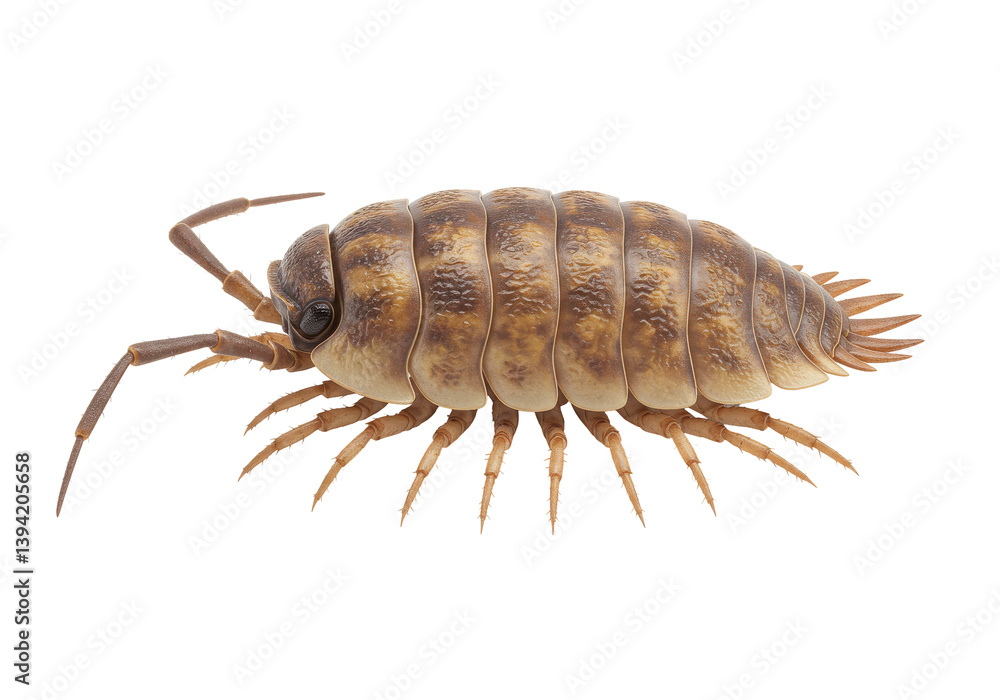 Detailed close-up of a woodlice showcasing its segmented body and legs Detailed close-up of a woodlice showcasing its segmented body and legs
