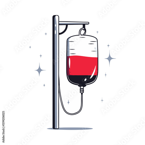 Vector illustration of a hanging blood bag with sparkling accents, representing transfusion, donation, and emergency medical care.
