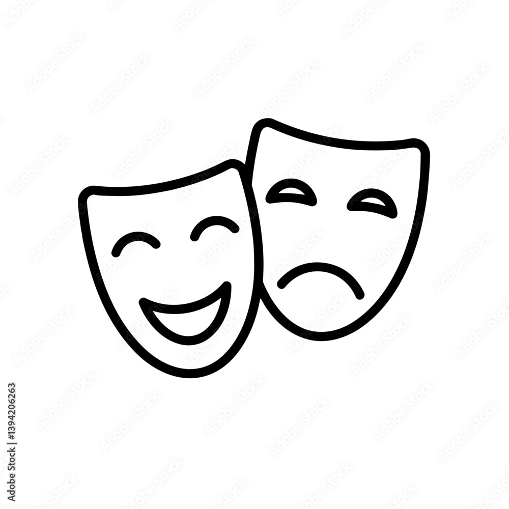 Comedy and tragedy masks in simple line art on a white background Comedy and tragedy masks in simple line art on a white background