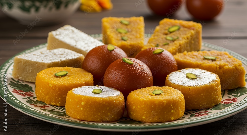 Close Up of Traditional Indian Sweets on Decorative Plate, Natural Light Food Photography Close Up of Traditional Indian Sweets on Decorative Plate, Natural Light Food Photography