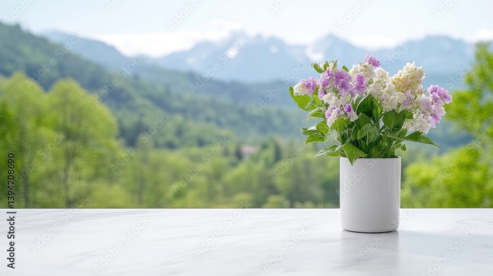 Fototapeta premium Delicate flowers in a pot, serene mountain view