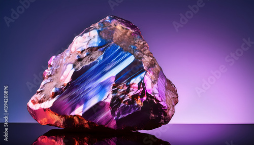 A vibrant mineral rock with iridescent colors, reflecting light against a gradient purple background