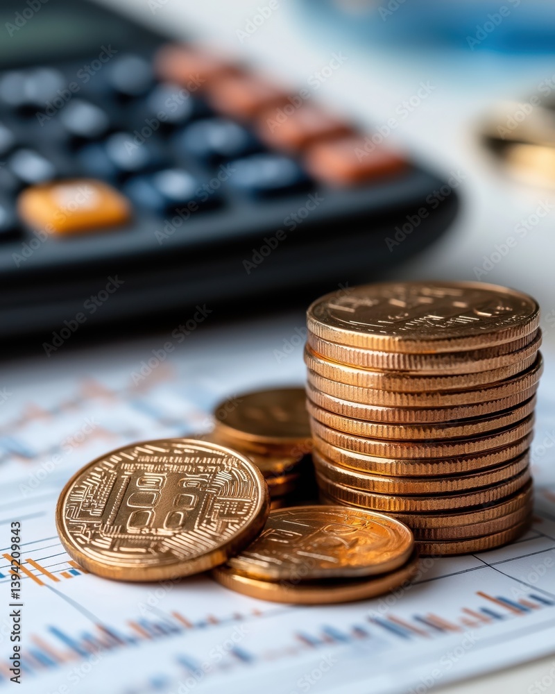 Smart financial planning with coins, a calculator, and detailed budget charts for effective money management Smart financial planning with coins, a calculator, and detailed budget charts for effective money management