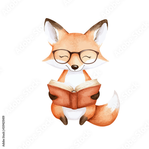 Clever Fox Reading a Book: A charming illustration of a fox, adorned with glasses and engrossed in a captivating book, epitomizes the joy of learning and the enchantment of storytelling.