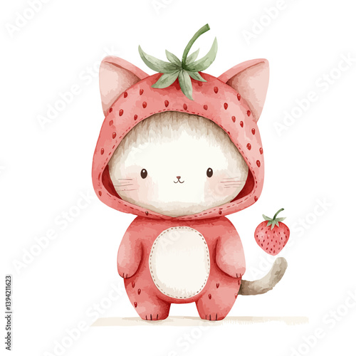 Strawberry Kitty: A whimsical, adorable kitten donned in a charming strawberry costume, evoking a sense of playful cuteness. It is a delightful illustration.