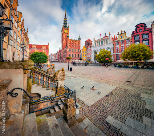Superb summer cityscape of Gdansk, Poland, Europe. Empty Mary's Street with Museum of Gdańsk - Main Town Hall spire on background. Traveling concept background..