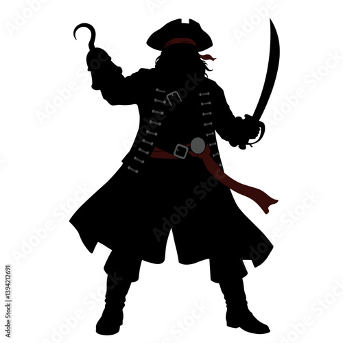 Pirate silhouette holding sword against plain background  