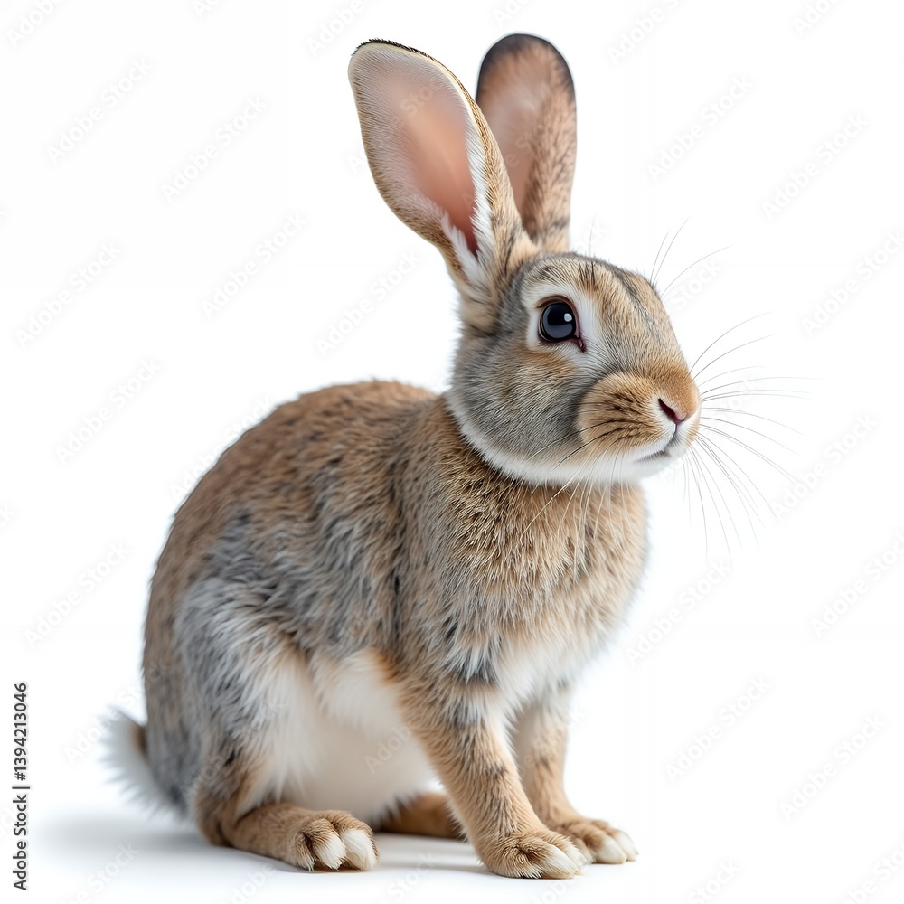 Rabbit sitting calmn, against a solid pure white background, realistic rabbit on white background Rabbit sitting calmn, against a solid pure white background, realistic rabbit on white background