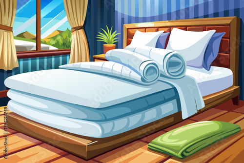 vector of White towels folded on a pristine white bed in a hotel room