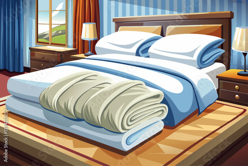 vector of White towels folded on a pristine white bed in a hotel room