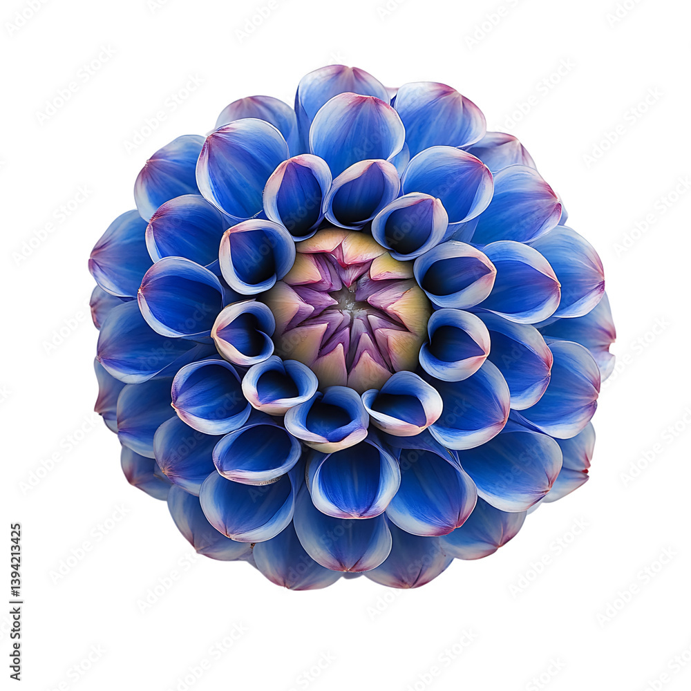 A closeup view of a symmetrical flower featuring curved and tightly rolled petals in a radial pattern, forming a vivid geometric structure centered within a dark background