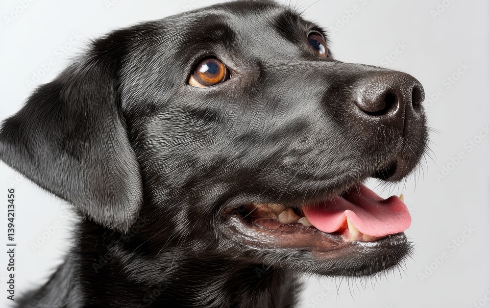 A close-up portrait of a black Labrador Retriever smiling, pure white background A close-up portrait of a black Labrador Retriever smiling, pure white background