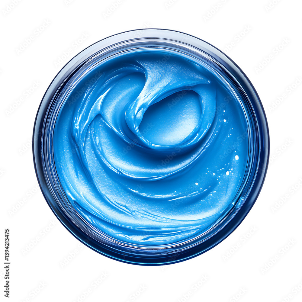 A top-down view of a circular cosmetic jar filled with smooth cream or gel, featuring shiny surface textures and soft curves, isolated neatly on a black background