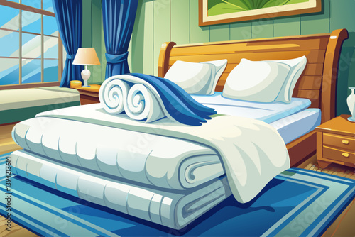 vector of White towels folded on a pristine white bed in a hotel room