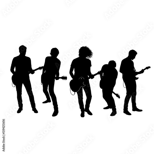 Silhouettes of musicians performing with guitars on a white background  
