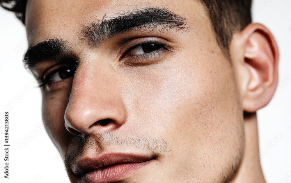 Obraz premium A close-up portrait of a confident young man with dark eyebrows and sharp jawline, pure white background
