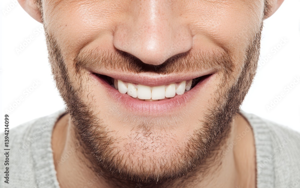Obraz premium A close-up portrait of a friendly young man with a bright smile and dimples, pure white background