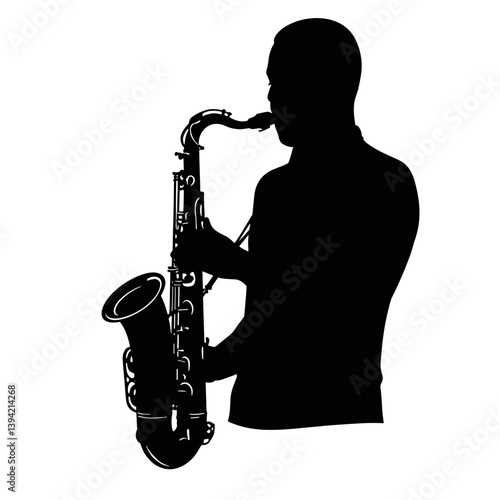 Silhouette of a musician playing saxophone against white background  
