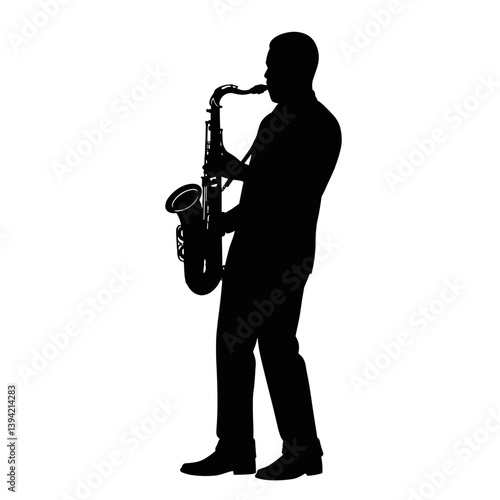 Silhouette of a saxophonist playing passionately against a white background  