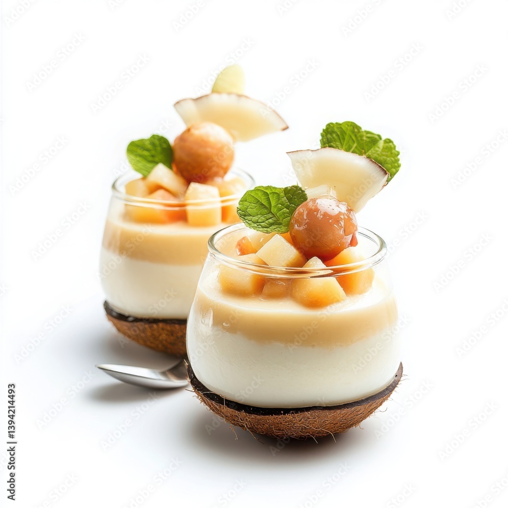 Fototapeta premium A chilled coconut and lychee panna cotta served in glass jars