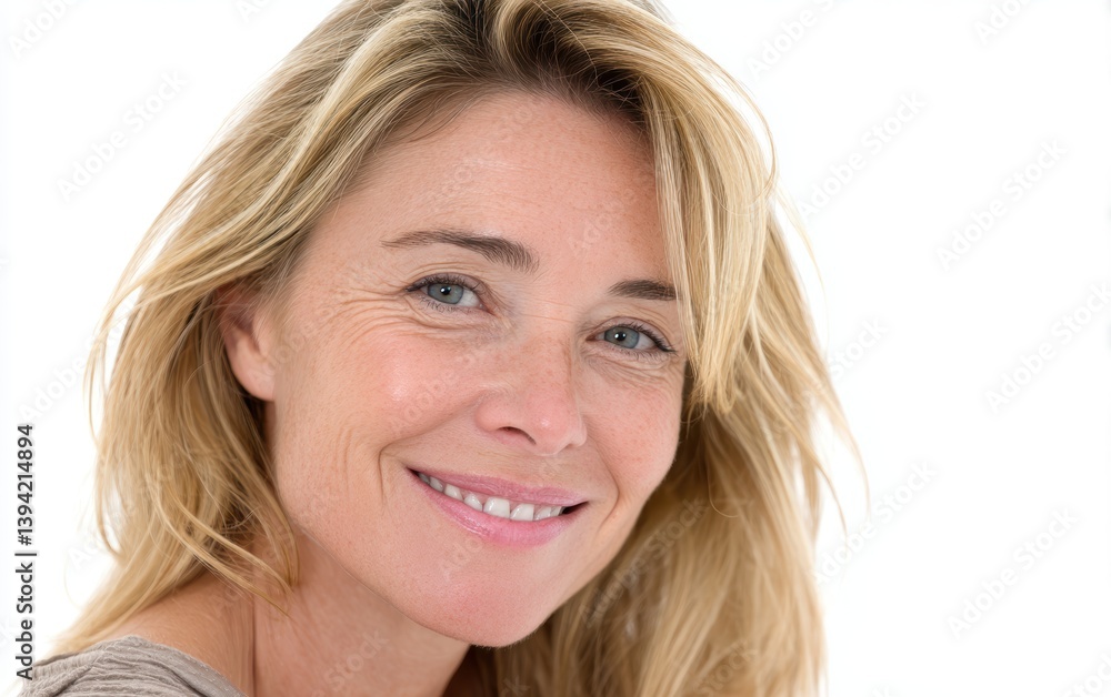 A close-up portrait of a smiling middle-aged woman with blonde hair, pure white background A close-up portrait of a smiling middle-aged woman with blonde hair, pure white background