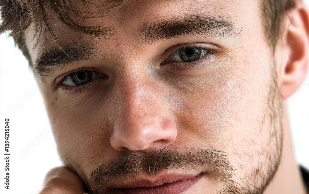 Fototapeta premium A close-up portrait of a thoughtful young man with intense gaze, pure white background