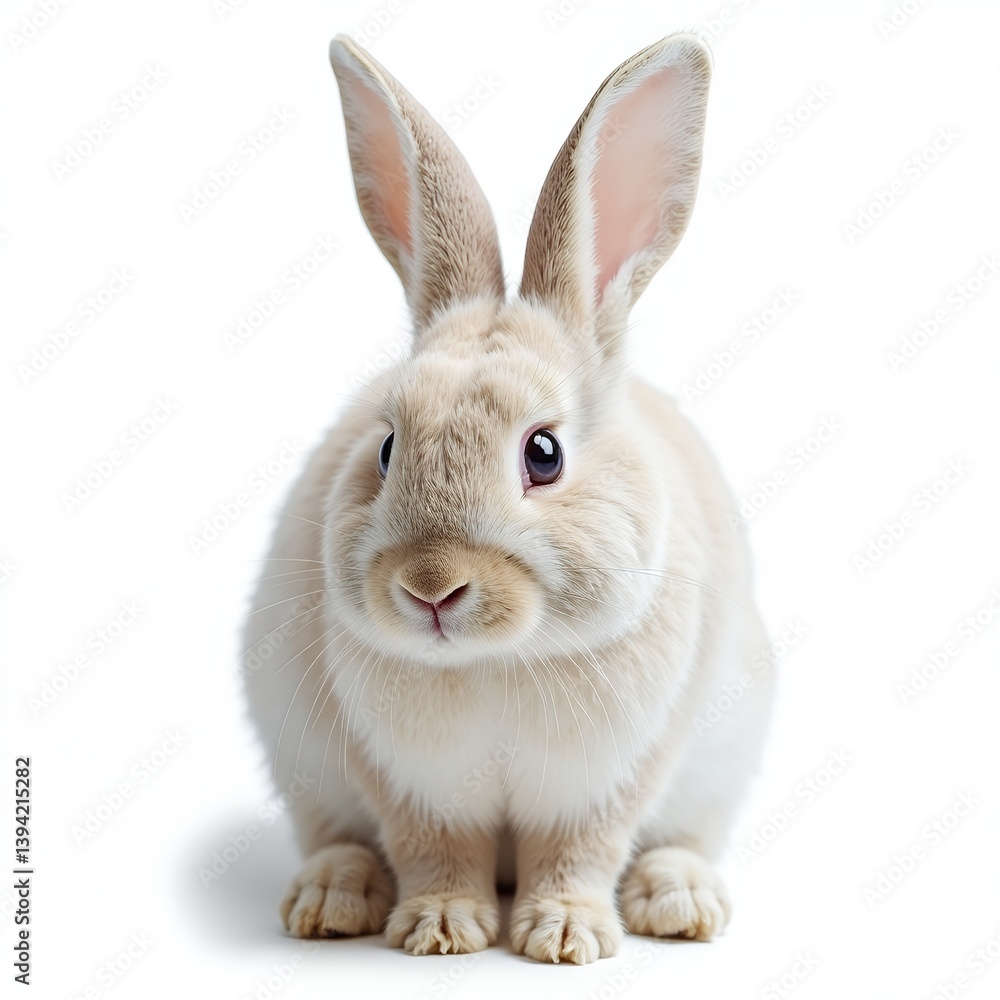 Fototapeta premium Rabbit sitting calmn, against a solid pure white background, realistic rabbit on white background