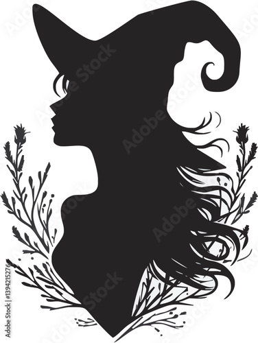 Mystical silhouette of a Witch: A beautiful silhouette of a witch is depicted against an illustrative background, with the image exuding an atmosphere of magic and mystique.
