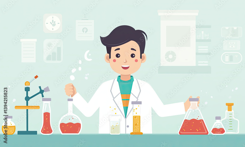 Young Scientist Lab Experiment Cartoon Illustration - Flat design i. Young Scientist Lab Experiment Cartoon Illustration - Flat design i.