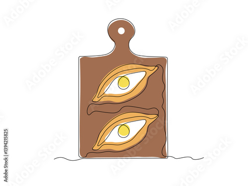 Abstract Khachapuri traditional food, Adjarian and Georgian dish. Baked bread with cheese and egg on the cutting board. continuous single one line art hand drawing sketch logo