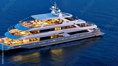 Luxurious yacht cruising on calm waters under twilight sky with elegant lights illuminating the decks and surroundings