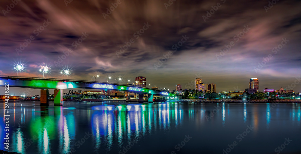Night time city scape of Downtown Long Beach, California
