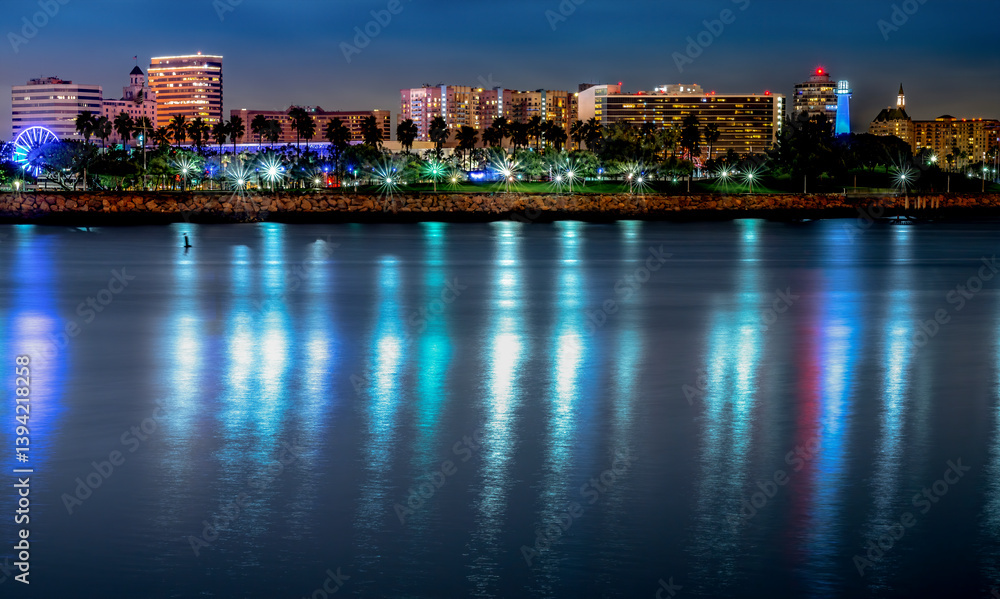 Night time city scape of Downtown Long Beach, California