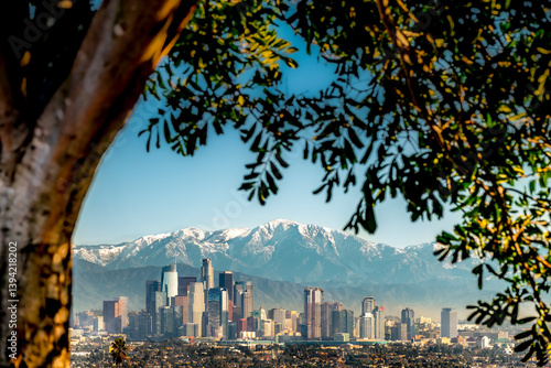 Obraz na płótnie City of Los Angeles seen from a parkland framed by a Springtime tree w salonie