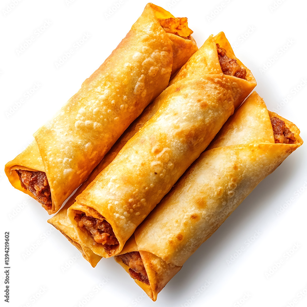 Golden and crispy taquitos with a crunchy rolled tortilla exterior and a tender, spiced meat filling, isolated white background Golden and crispy taquitos with a crunchy rolled tortilla exterior and a tender, spiced meat filling, isolated white background