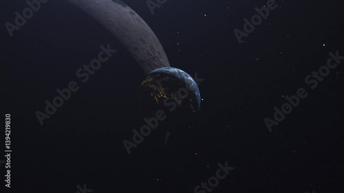 A small earth on the background of a huge moon. Camera movement. Flying past the earth
