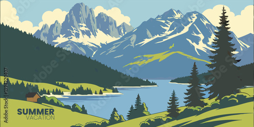 Horizontal summer travel card with nature and european scenery.