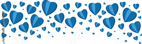 Happy Father's Day love background with horizontal border made of beautiful falling blue colored paper hearts isolated on transparent background.