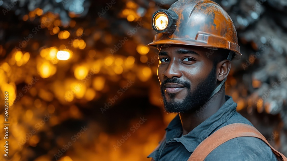 Dedicated Miner: A close-up captures a strong, skilled individual in a mine, headlamp illuminating the dark depths, showing resilience and strength. Dedicated Miner: A close-up captures a strong, skilled individual in a mine, headlamp illuminating the dark depths, showing resilience and strength.
