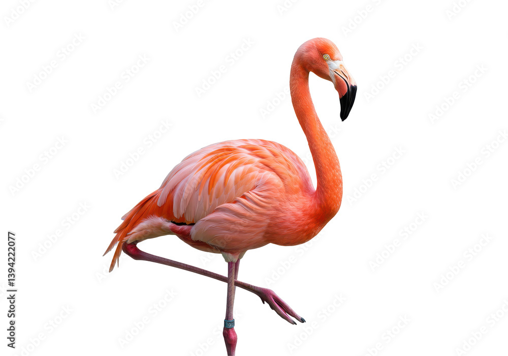 A vibrant flamingo standing on one leg against a clear background, showcasing its elegance A vibrant flamingo standing on one leg against a clear background, showcasing its elegance
