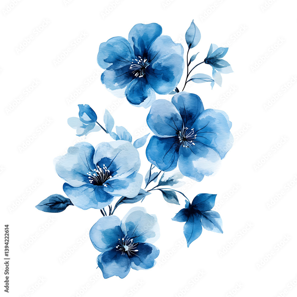 detailed watercolor illustration featuring three blue flowers with soft gradient tones and delicate black stamens, accompanied by elegant blue-green leaves on thin stems